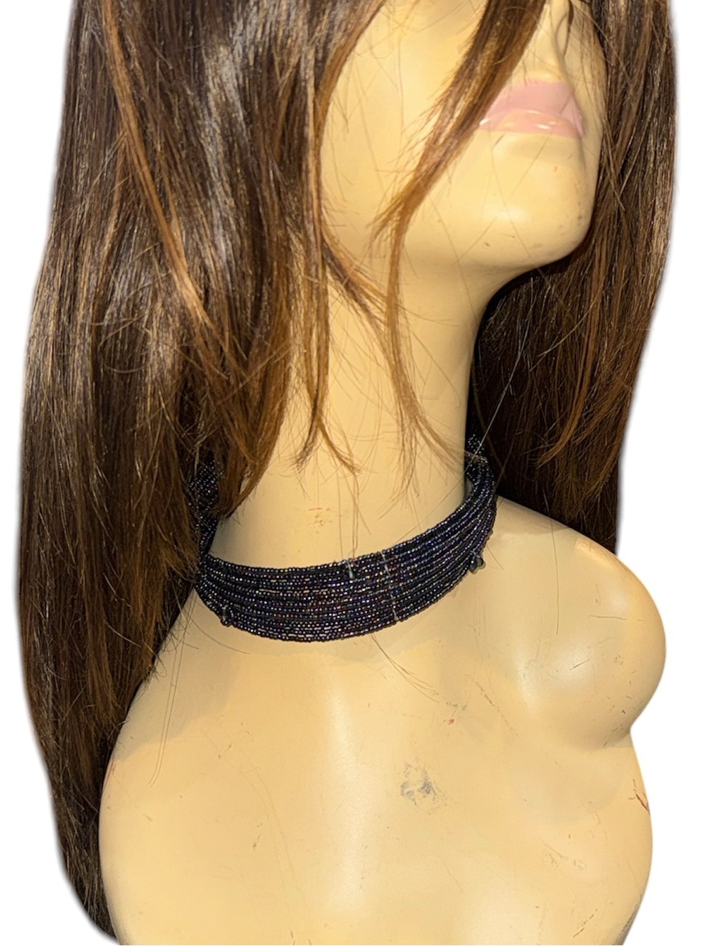 Dark Metallic Blue Choker Handmade Multi-Strand‎ Beaded Iridescent